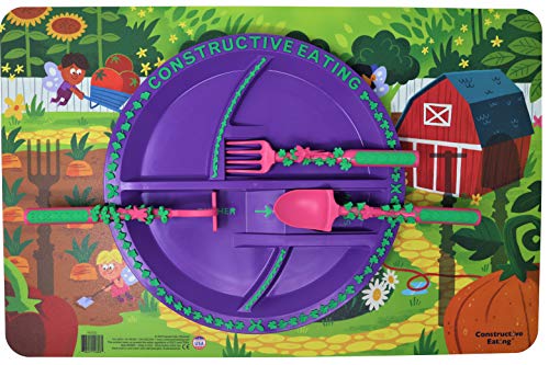 Constructive Eating Garden Fairy Combo with Utensil Set Plate and Placemat for Toddlers Babies and Kids - Flatware Toys are Made in The USA with FDA Approved Materials for Safe and Fun Eating