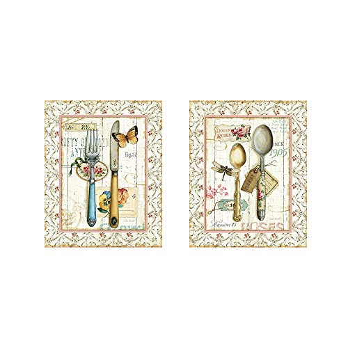 Rose Garden Utensils by Lisa Audit 2 Piece Art Print Set 8 X 10 Inches Each Floral Flatware Art