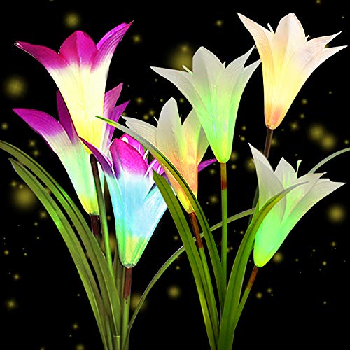 Solar Garden Stake Lights Outdoor2 Pack Solar Powered Lights with 8 Lily Flower Multi-Color Changing LED Solar Landscape Lighting Light For Decorating The Path Yard LawnPatio White and Purple