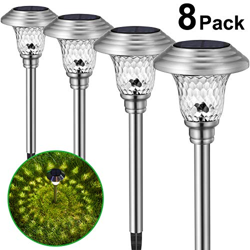 Solar Lights Bright Pathway Outdoor Garden Stake Glass Stainless Steel Waterproof Auto Onoff White Wireless Sun Powered Landscape Lighting for Yard Patio Walkway Landscape In-Ground Spike Pathway