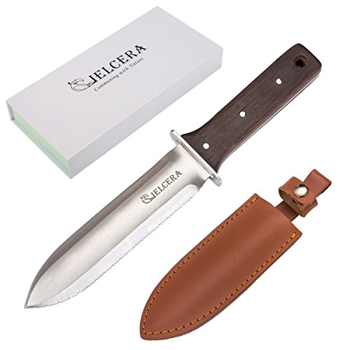Hori Hori Garden Knife Right Serrated Blade Ideal Gardening Digging Landscaping Weeding Tool with Leather Sheath and a Fine Gift Box