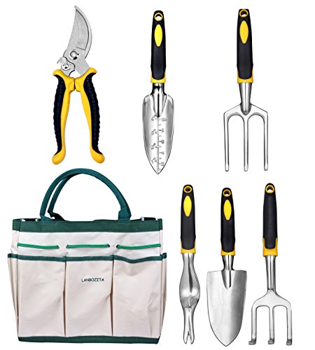 LANBOZITA Garden Tools 7-Piece Gardening Tools Set Including Trowel Transplanter Cultivator Pruner Weeder Weeding Fork and Canavas Tote 2