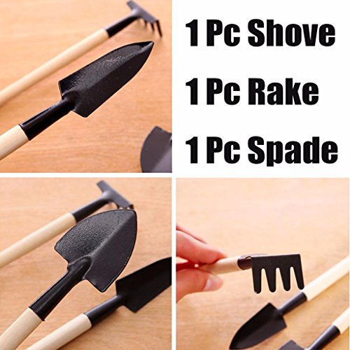 LONG7INES 3-Pack Small Garden Tool Set - Garden Triangle shovelSquare shovelRake for Women Shovel Rake Spade Wood Stick