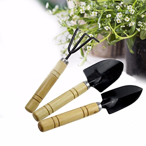 LONG7INES 3-Pack Small Garden Tool Set - Garden Triangle shovelSquare shovelRake for Women Shovel Rake Spade Wood Stick