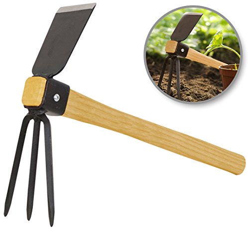 Handy CultivatorHoe  Military Grade Steel 3 Tines MattockCultivator Fork Planting Head Hoe for Excellent Pulverized and Aerated Soil Vegetable Flower  137 Inch Classic Wooden Handle for Firm Grip