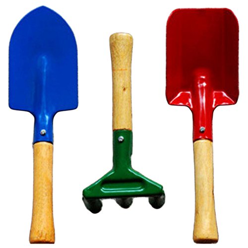 Wood Handle Colorful Metal Garden Weeder Bow Rake Shovels-Set Of Three