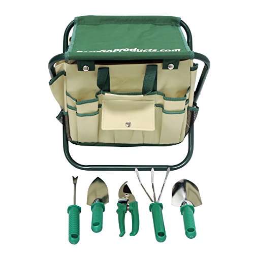 7 Piece Garden Seat Tool Set Kit Includes 5 Tools Pruner Hand Shovel Cultivator hand Rake Or Hoe Trowel