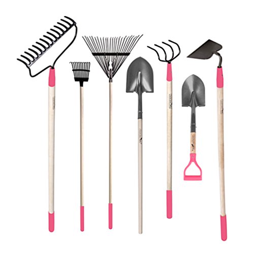 GardenAll 7-Piece Landscape Garden Tool Set with Bow Rake Digging Shovel Hoe Cultivator Spring Rake Bush Rake with Pink Protection Cap for Women