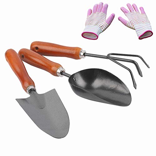 QIJ 4 Piece Garden Tool Set - RakeShovelHoeGlovesGift Set for Gardening NeedsOutdoor Gardening Hand Tools KitC