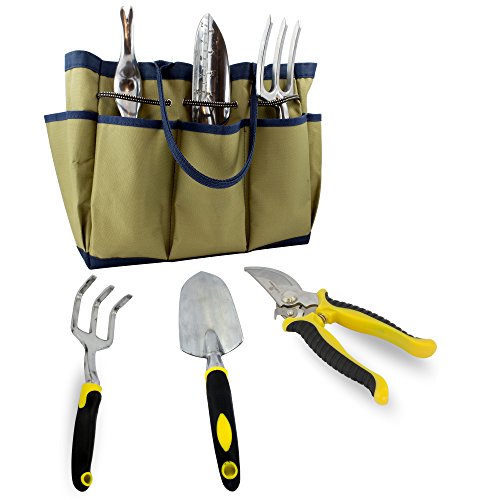 7 Piece Garden Tool Set With Durable Cast Aluminum Heads Plus Ergonomic Handles And Sizable Garden Tote Bag