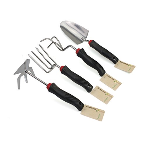 Finether 4 Pieces Stainless Steel Gardening Tool Set Includes Hand Cultivator Spade Rake Rake-Hoe