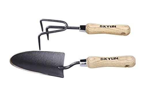 Kylin Small Garden Hand Tools Set-Include Garden Hand Trowel and Gardening Rake with Wood HandleLeather Hanger