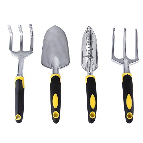 Passkilo 4 Piece Ergonomic Garden Hand Tool Set Includes a Trowel Cultivator Transplanter and Hand Fork