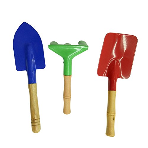 BESTOMZ 3Pcs Metal Kids Garden Tools Set with Sturdy Wooden Handle Safe Gardening Tools Trowel Rake Shovel for Children Kids Random Color