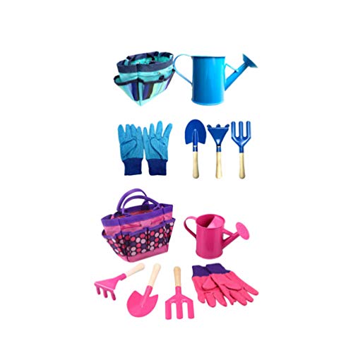 HEALLILY 2 Set Kids Gardening Set Watering Kettle Hand Trowel Rake Cultivator Tool Gloves with Storage Bag Pink Blue