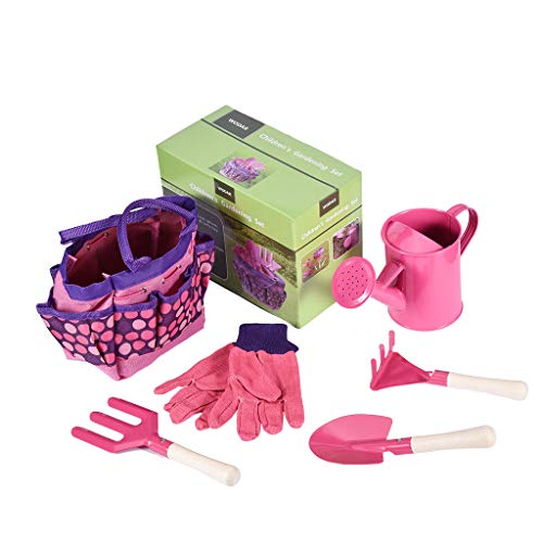 HolidayLife Children Gardening Tool Tote Set Gardening Toys for Kids Outdoor Toys with Bag for Kids Gardeners Gloves Shovel Rake Fork Watering Pink Ideal Learn Toy for Kids