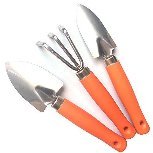 Mini Kids Garden Tool Set for Toddler with Trowel Cultivator Transplanter 3 Piece Mental Hand Tools Orange