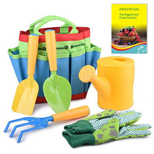 NOUVCOO Gardening Tools Set for Kids 7 PCS Garden Tools Covering Garden Sturdy Tote Watering Can Shovel Rake Fork Children Gardening Gloves and a Kids Delightful Booklet How to Garden NC27