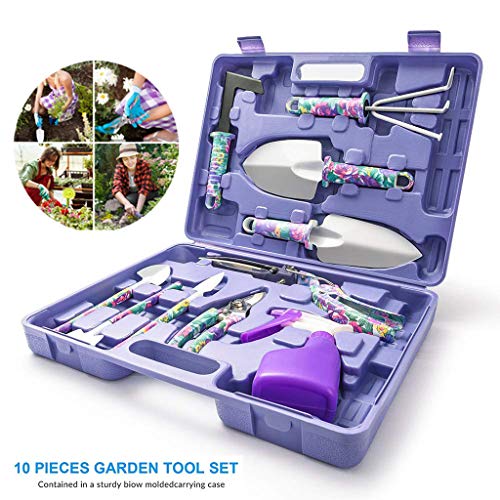 10 Pieces Garden Tool Set Gardening Tools Gift Kit Non-slip Handle with Weeding Knife Pruning Shears Round Shovel Sharp Shovel Rake Three tine Rake Hedge Shears Spray Bottle and Carrying Case