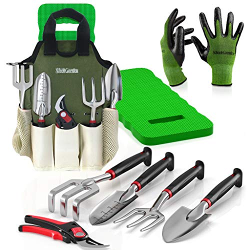 8-Piece Gardening Tool Set-Includes EZ-Cut Pruners Lightweight Aluminum Hand Tools with Soft Rubber Handles- Trowel Bamboo Gloves Garden Tote High Density Comfort Knee Pad Gardening Gifts Tool Set