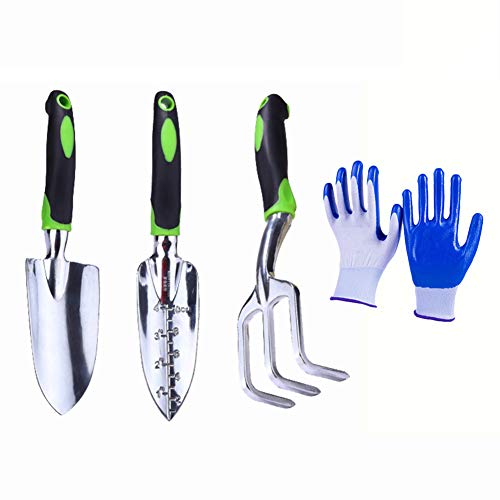 QIJ Aluminum Garden Tools SetContains 4 Pieces - ShovelWeederRakeGlovesErgonomic Handles Gardening Tool Gift KitD