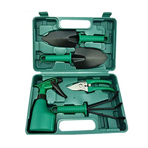 Samoii Luxury Gardening Tools Gift Kit 5 Pieces Garden Tool Set Non-Slip Handle with Anti-Rust Trowel Cultivator Pruning Shear Water Sprayer with Storage Case Green