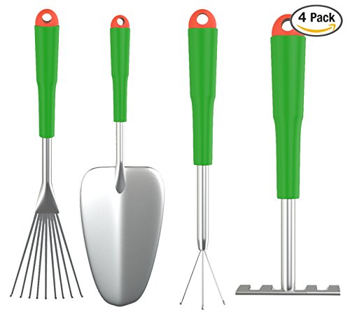 Wild And Green Gardening Tools 4-piece Set Includes A Short Hand Shovel 3-prong Cultivator And 2 Hand Rakes Ideal