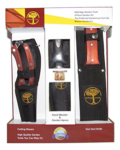 4-piece Top Quality Gardening Tool Set - Oakridge Gardens Hori Hori Knife Cutting Shears Hand Weeder and Apron All with Nylon Sheaths - Perfect Gift for Gardener - Lifetime Warranty