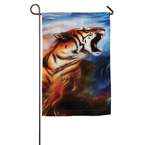 Private Bath Customiz Wild Angry Tiger Portrait Fire Flame Safari Garden Yard Flag Welcome House Flag Banners for Patio Lawn Outdoor Home Decor