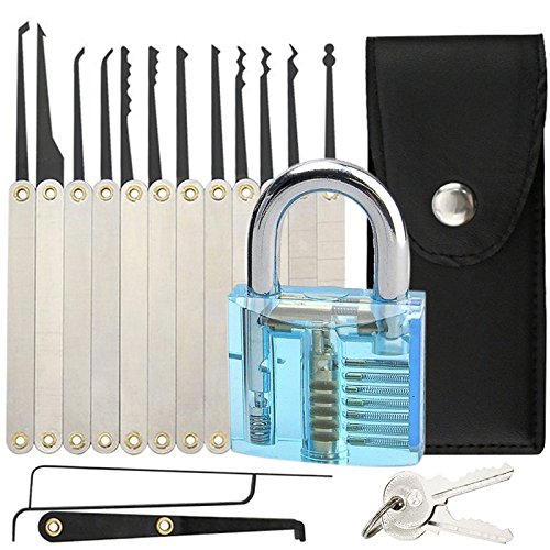 15-piece Lock Pick Set Professional Clear Sapphire Blue Cutaway Padlock Practice Lock With Locksmith Tools For