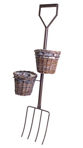 Farmhouse Pitchfork Metal Plant Hanger Sewn Liner with Baskets for 2 Plants