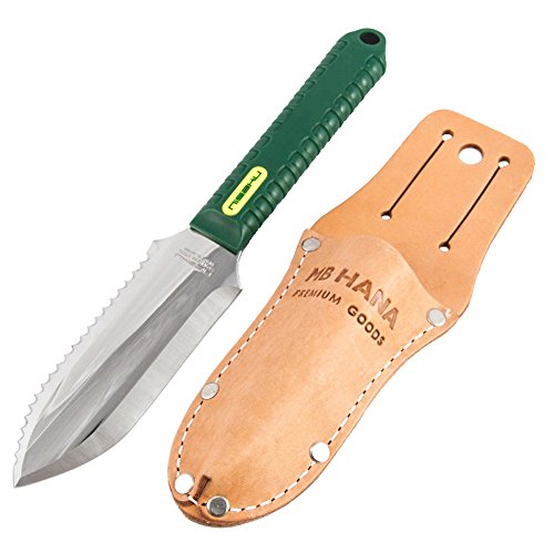 Mini Japanese Hori Hori Knife and MB HANA Leather Sheath - Garden Knife Hand Trowel Weeder Pruner Bonsai Tool Compact Utility Tool for Your Garden and Backpacking Camping Metal Detecting