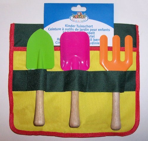 ABC Products - 3 Piece - Flower and Garden Tool Set - Steel With Wooden Handle - With Canvas Waist High Apron For Storage Garden Tools Include Hand Shovel Hand Fork and Trowel - Bright Enameled Finish - Not A Toy - Helps Kids Develop Gardening Skills