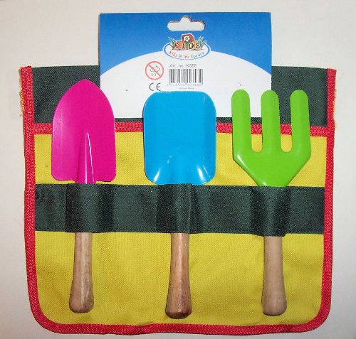ABC Products - New Lower Price - 3 Piece - Kids Garden Tool Set - Steel Wooden Handle - Canvas Waist High - Tools Include Hand Shovel Hand Fork and Trowel - Bright Enameled Finish
