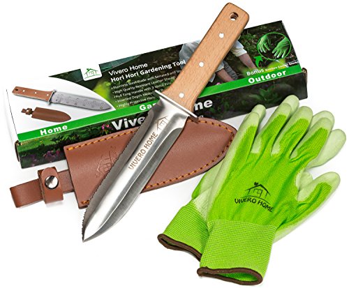 Vivero Home Exclusive Set - Multi-Purpose Japanese Hori Hori Garden Knife  Bamboo Gloves  Leather Sheath Stainless Steel Blade  Handguard Garden Tool for Gardening Landscaping Digging Weeding