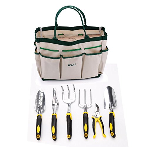 Garden Tool Set ï¼ŒHmlai Aluminum 7 Piece Portable Garden Tool Set Includes 6 Tools Weeder Trowel Cultivator Transplanter Weeding fork PrunerTool Bag