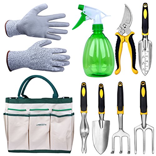 LANBOZITA Garden Tools9 Piece Gardening Tools Set Including Trowel Transplanter Cultivator Pruner Weeder Weeding Fork Canavas Tote Sprayer Bottle and Gloves