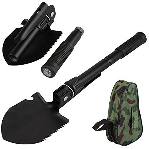 6 functions High Carbon steel Folding 16 Hand Tool Survival Spade Emergency Military- Style Ideal Survival Mini Digging Tool Camping Hiking Fishing tools with Carrying Pouch HT7-10
