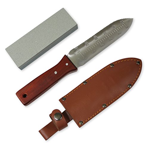 Greentisory Hori Hori Knife with Leather Sheath and Large Whetstone-Best Digging Tool in Garden Knives