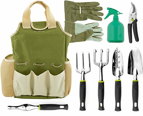 Vremi 9 Piece Garden Tools Set With 6 Ergonomic Gardening Tools Includes Digger Weeder Rake Trowel Pruners