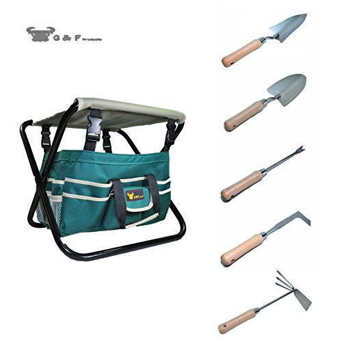 7 Piece All-in-one Garden Tool Setheavy Duty Folding Stool Detachable Canvas Tool Bag And Heavy Duty Steel Tools