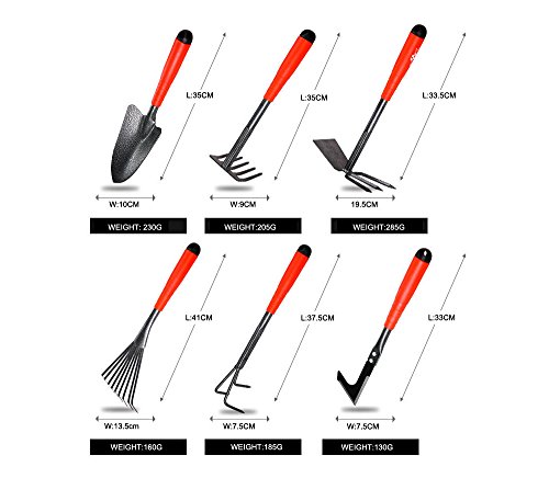 CARBEN STEEL 6 SET GARDEN HAND TOOLS Garden Tool Set Includes a ForkShovelDouble Hoe Rake and Knife Carben Steel Head Parts with The Anti-slip PP Handle
