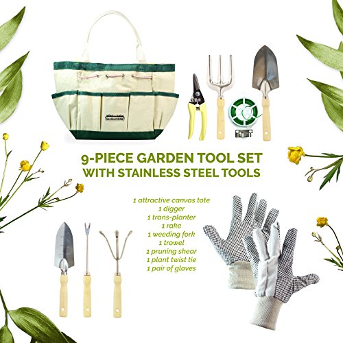 GardenHOME 9 Piece Stainless Steel Garden Tool Set with Gardening Tote Work Gloves pair 7 Hand Tools with Ergonomic Handles including Rake Pruning Shear weeding fork and Sizable Garden Tote Bag