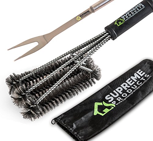 BBQ Grill Brush  Stainless Steel Fork By Home Supreme Products18 with 3X Super Thick Brushes Long Handle Great for Charcoal Weber Gas Electric Porcelain Infrared FREE HANDY BAG