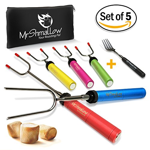 Campfire Marshmallow Roasting Sticks  Set Of 5 Smores Skewersamp Hot Dog Forks  Stainless Steel 34 Rotating