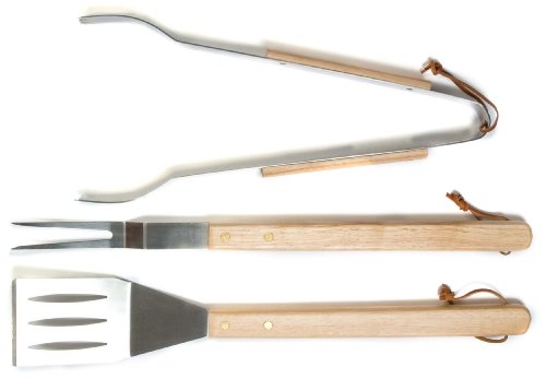 Oval Pro Stainless Steel Fork Spatula and Tong Tool Set with Oak Handles