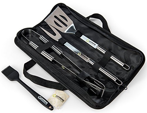 Supreme Products Stainless Steel Grilling Set - Features a Spatula Tongs and Fork - Perfect for the Grill BBQ or in the Kitchen - Craft Gorgeous Delicious Barbecue Every Time - FDA Food Grade Safe - BONUS Silicone Basting Brush and Black Storage Case