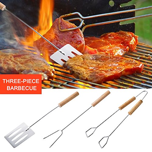 3 Pieces Barbecue Tools Set with Wood handle Portable BBQ Shovel Fork Clip Barbecue Grill Accessories 18inch 46cm