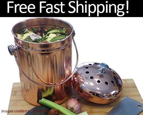 (ship From Usa) Copper Countertop Compost Bin Crock Bucket Stainless Steel Pail 1 Gal W Filters /item No#e8fh4f854125272