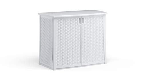 Suncast 97-Gallon Large Deck Cabinet Box - Lightweight Resin IndoorOutdoor Storage Container for Patio Cushions and Gardening Tools - Store Items on Patio Garage Yard - White